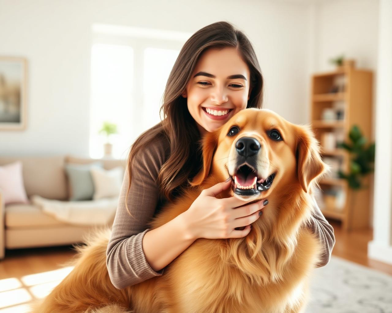 Tutora abraçando seu cachorro Golden Retriever em casa